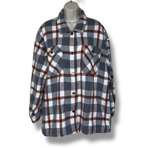 HFX Wool Blend Plaid Snap Front Shacket Gray Rust White Long Sleeve Women XL